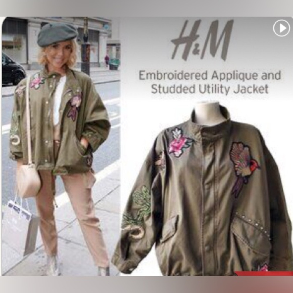 H&M Floral Bird Patch Cotton Green Jacket XS